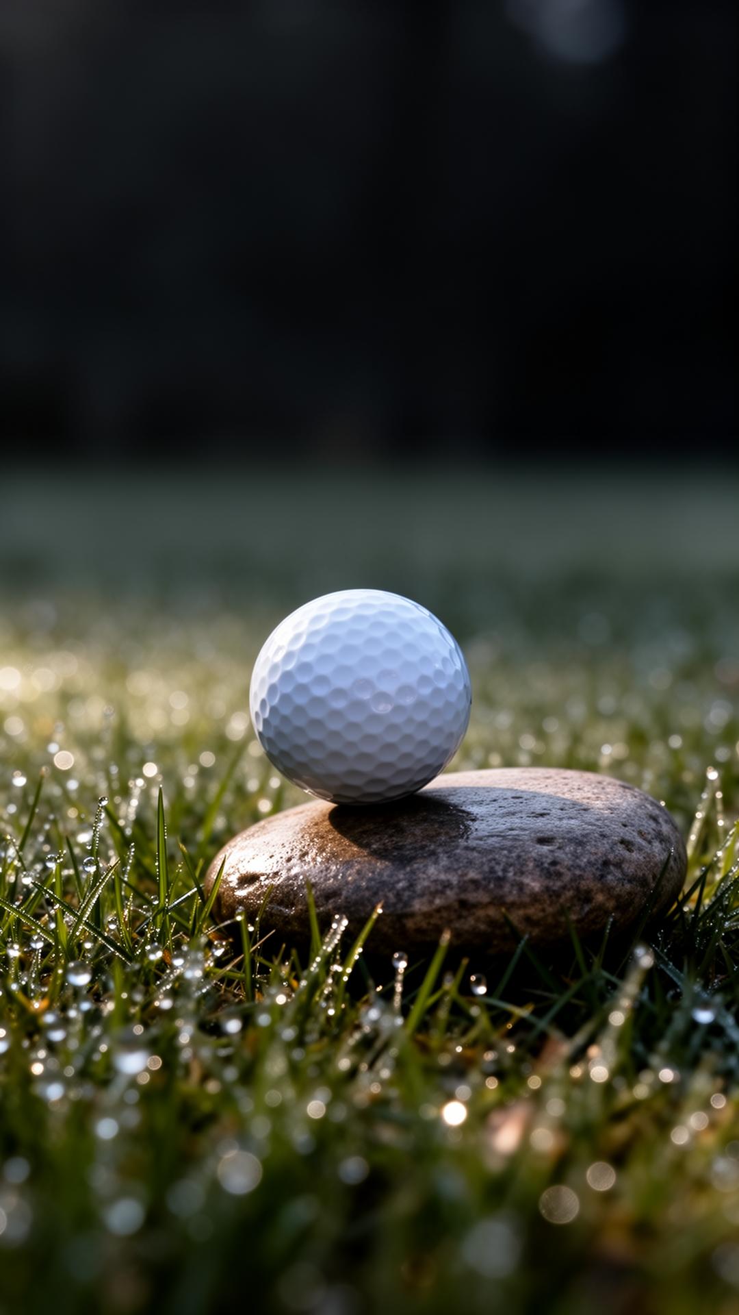 Golf ball resting on a smooth river stone in morning dew