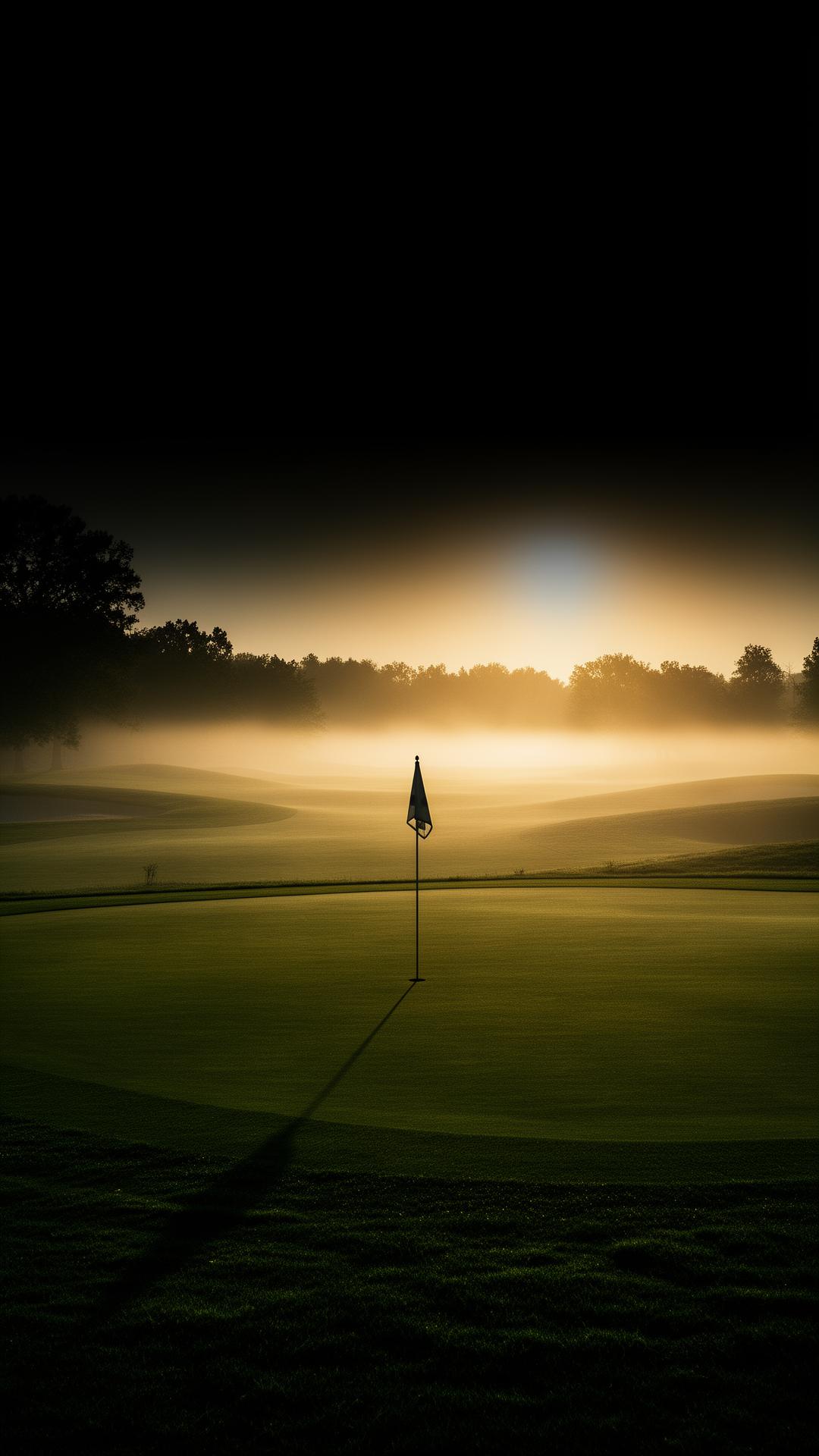 Golf course at dawn with single flag in the mist