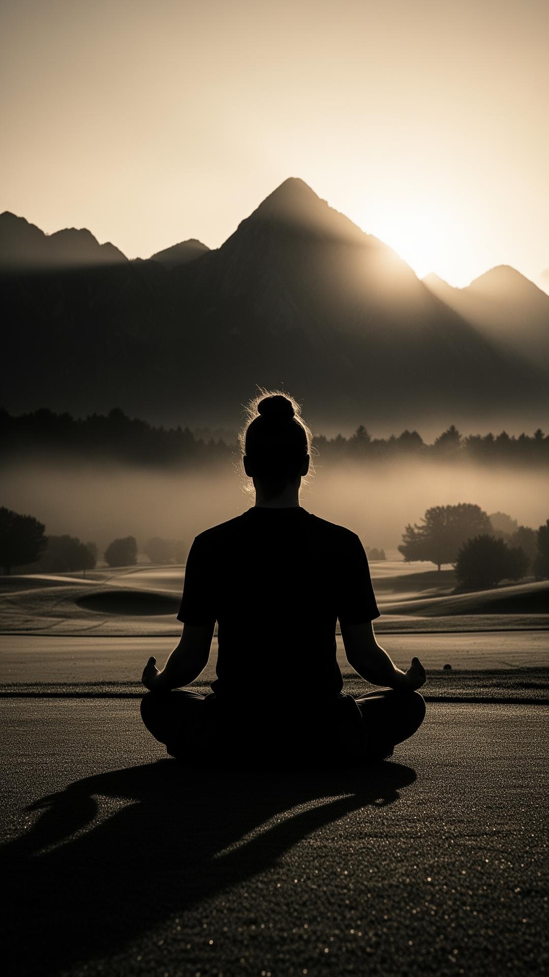 Silhouette meditating on a golf course at sunrise